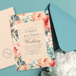 Convite Casamento Floral Moderno Elegante Peach & Teal