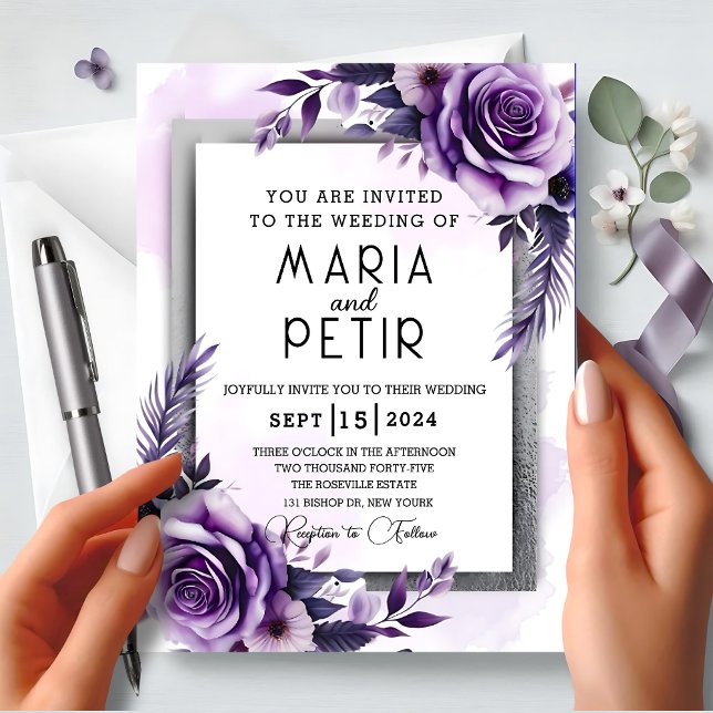 Convite Casamento Floral Moderno, Elegante Roxo e Prata (Criador carregado)