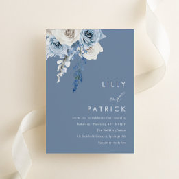 Convite Casamento Floral Moderno em Azul Poeirento e Branc