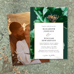 Convite Casamento Floral Moderno em Verde Esmeralda e Dour