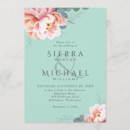 Convite Casamento Floral Moderno em Verde Hortelã Rosa Beg