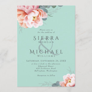 Convite Casamento Floral Moderno em Verde Hortelã Rosa Beg