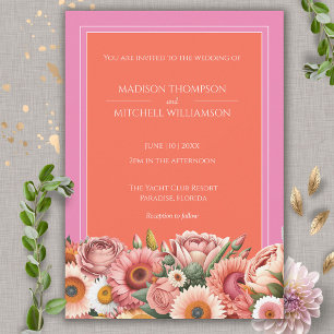 Convite Casamento Floral Moderno Laranja Rosa Jardim Nasce