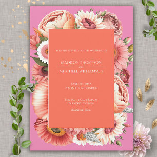 Convite Casamento Floral Moderno Laranja Rosa Jardim Nasce