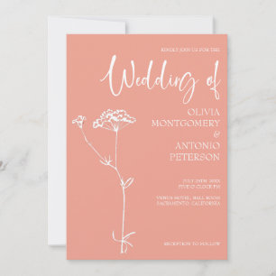 Convite Casamento Floral Moderno Minimalista Coral Pêssego