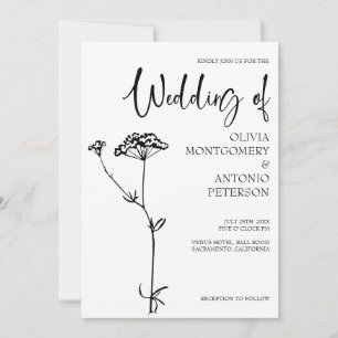 Convite Casamento Floral Moderno Minimalista Preto e Branc