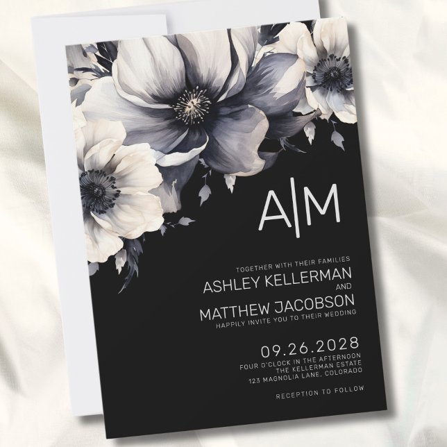 Convite Casamento Floral Moderno Preto (Modern Black White Initial Monogram Floral Wedding Invitation)