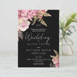 Convite Casamento Floral Moderno Rosa e Preto Dourado