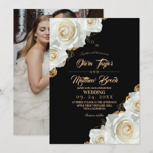 Convite Casamento Floral Moderno Rosa Marfim Preto e Doura