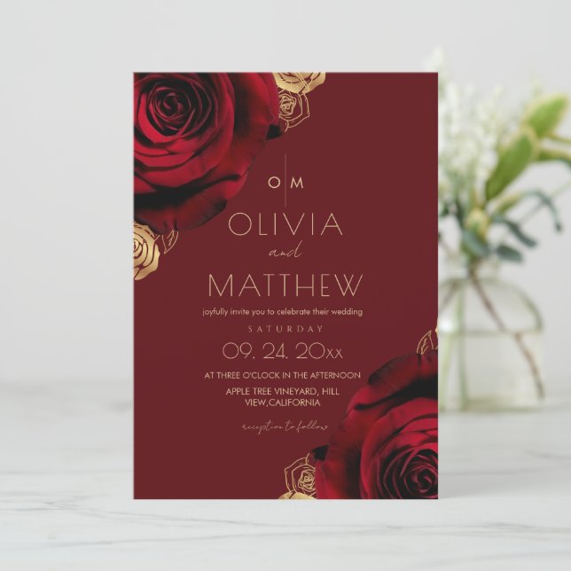 Convite Casamento Floral Moderno Rosa Vermelho Rústico (Em pé/Frente)