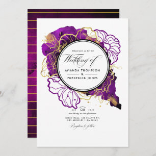 Convite Casamento Floral Moderno Roxo e Dourado Abstrato I