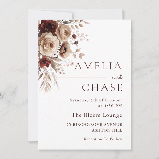 Convite Casamento Floral Moderno Terracotta Bohemian (Frente)