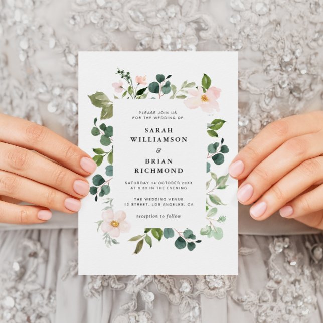 Convite casamento floral moderno verde e blush (Criador carregado)