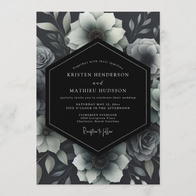 Convite Casamento Floral Monocromático Cinza (Frente)