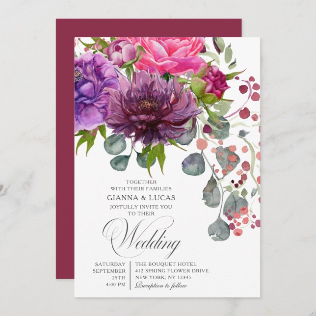 Convite Casamento Floral Monocromático Elegante (Frente/Verso)