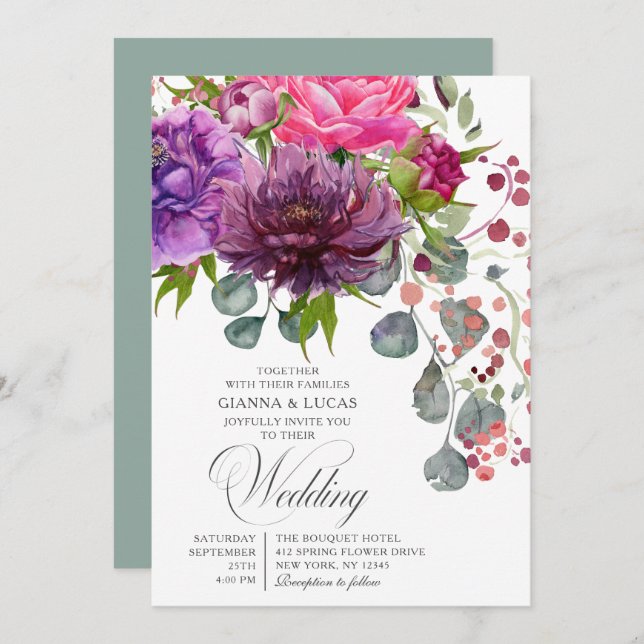 Convite Casamento Floral Monocromático Elegante (Frente/Verso)