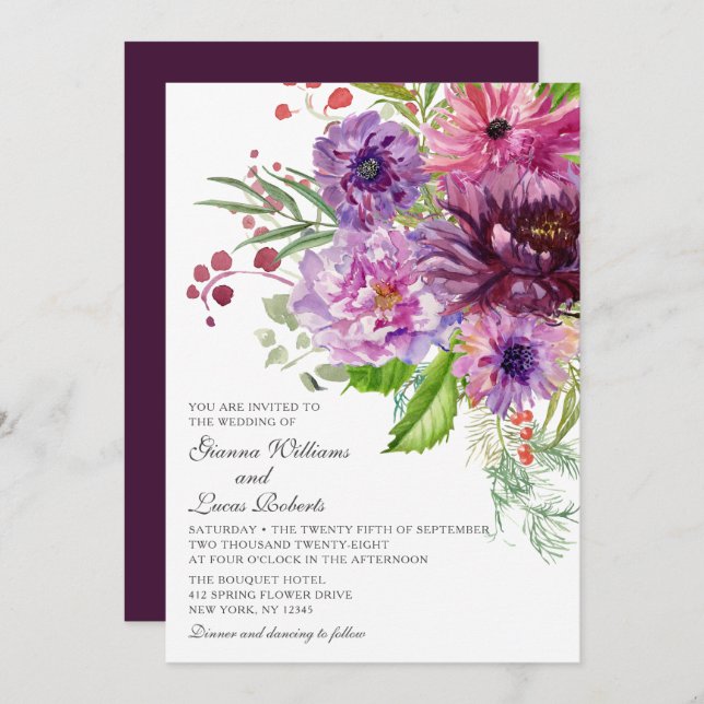 Convite Casamento Floral Monocromático Elegante (Frente/Verso)