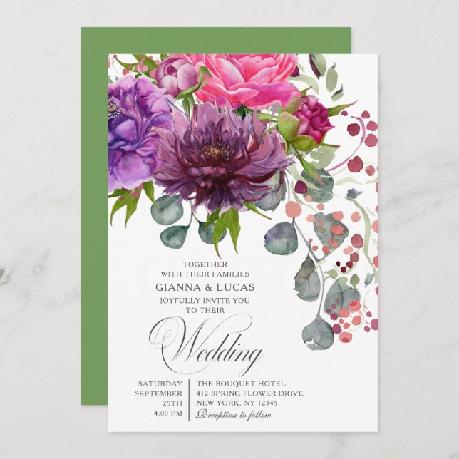 Convite Casamento Floral Monocromático Elegante (Frente/Verso)