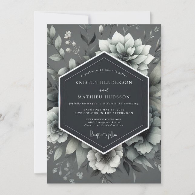 Convite Casamento Floral Monocromático em Ardósia (Frente)