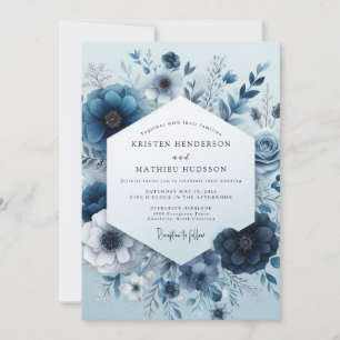 Convite Casamento Floral Monocromático Navy