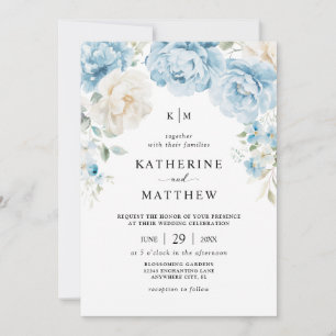 Convite Casamento Floral Monograma Azul Po dusty Champagne
