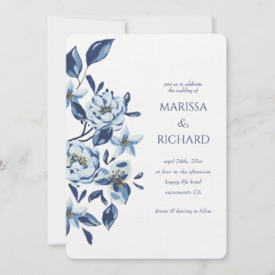 Convite Casamento Floral Monograma Azul Real Branco