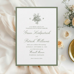 Convite Casamento Floral Monograma Clássico em Verde Sage