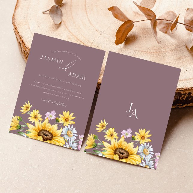 Convite Casamento Floral Monograma de Girassol Roxo Elegan (Summer Purple Sunflowers Monogram Wedding Invitation)