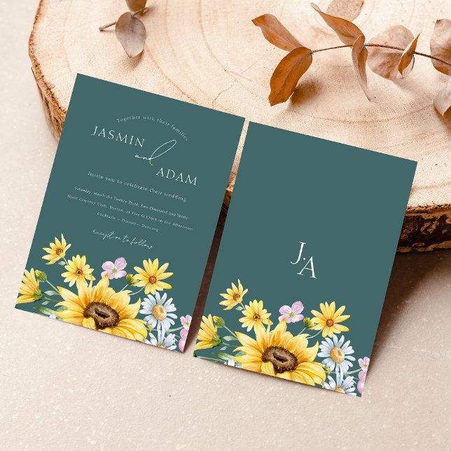 Convite Casamento Floral Monograma de Girassol Verde Esmer (Summer Emerald Green Sunflowers Monogram Wedding Invitation)