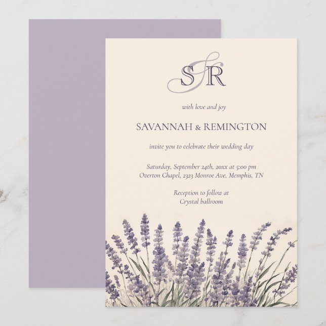 Convite Casamento Floral Monograma de Lavanda Elegante (Frente/Verso)
