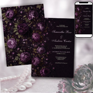 Convite Casamento Floral Monograma Oliva Ameixa Escura