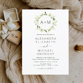 Convite Casamento Floral Monograma Verde Esmeralda e Sage