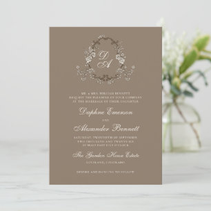 Convite Casamento Floral Monogramado Marrom Vintage