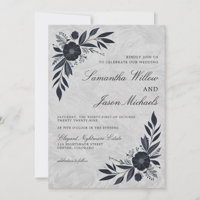 Convite Casamento Floral Moody Black (Frente)
