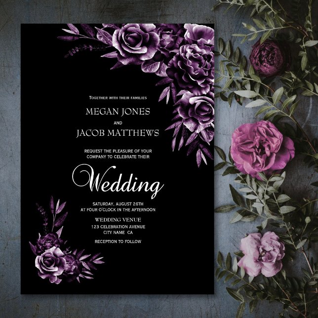 Convite Casamento Floral Moody Black and Purple (Criador carregado)