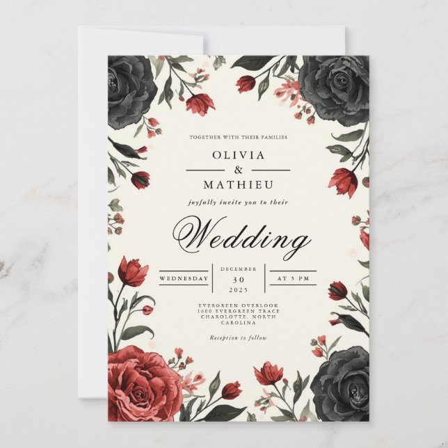 Convite Casamento Floral Moody Crimson Bloom (Frente)