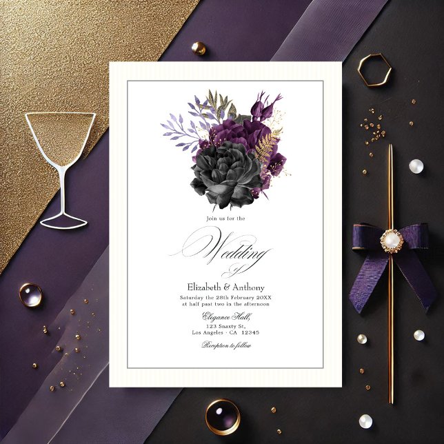 Convite Casamento Floral Moody Purple, Dourado e Negro (Moody Purple, Gold and Black Floral Wedding Invitation)
