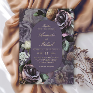 Convite Casamento Floral Moody Roxo Elegante Escuro