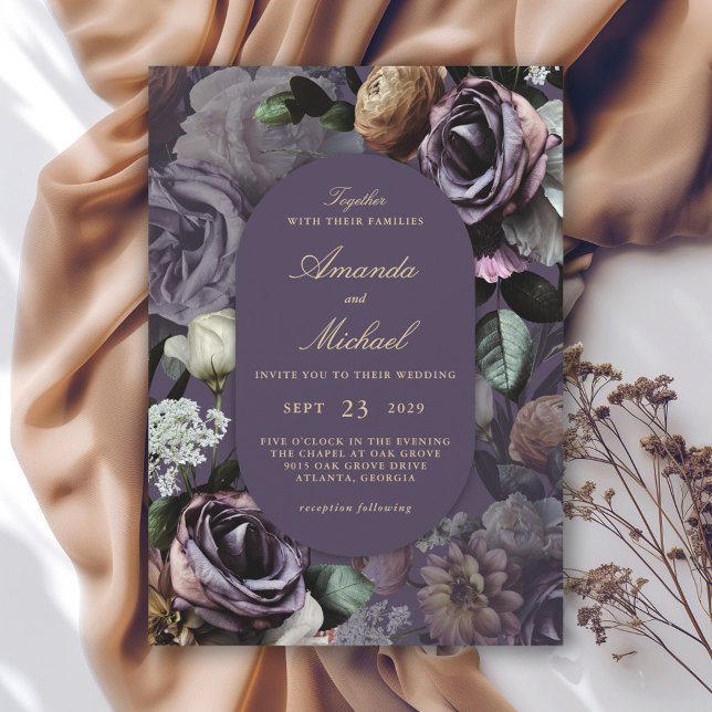 Convite Casamento Floral Moody Roxo Elegante Escuro (Available in both printed and instant download digital formats.)