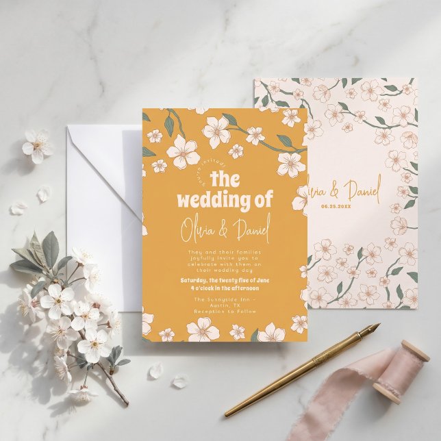 Convite Casamento Floral Mostarda Groovy (Criador carregado)