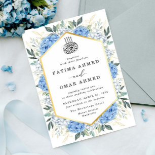 Convite Casamento Floral Muçulmano Azul e Dourado
