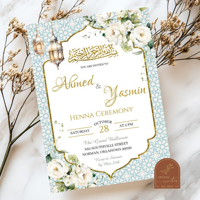 Convite Casamento Floral Muçulmano com Henna (Criador carregado)