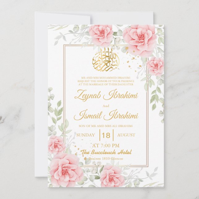 Convite Casamento Floral Muçulmano Dourado Romântico Rosa (Frente)