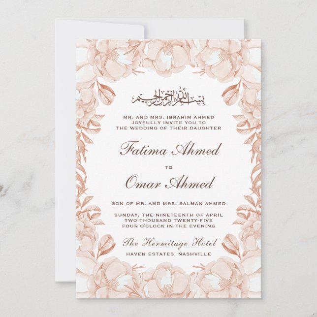 Convite Casamento Floral Muçulmano Islâmico de Pêssego Ele (Frente)