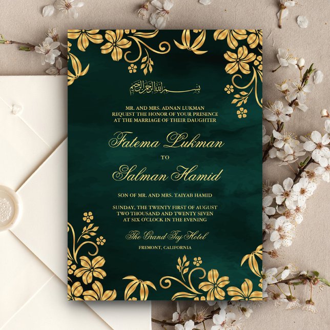 Convite Casamento Floral Muçulmano Islâmico Dourado Emeral (Criador carregado)
