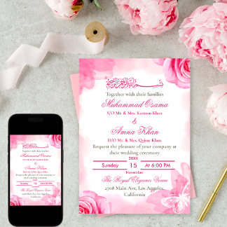Convite Casamento Floral Muçulmano Islâmico Elegante Rosa