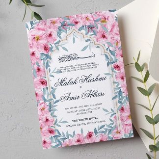 Convite Casamento Floral Muçulmano Rosa Cor-de-Água Modern