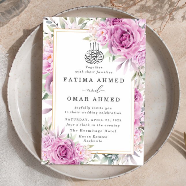 Convite Casamento Floral Muçulmano Rosa Roxo (Criador carregado)