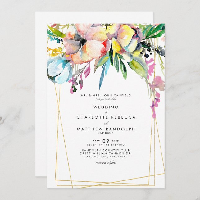 Convite Casamento Floral Multicolor Watercolor (Frente/Verso)
