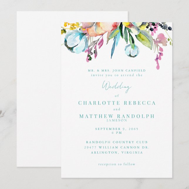 Convite Casamento Floral Multicolorido de Flores Silvestre (Frente/Verso)